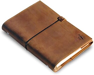 WANDERINGS Refillable A5 Leather Journal 6 Ring Binder Organizer with Pockets (22cm x 15cm.