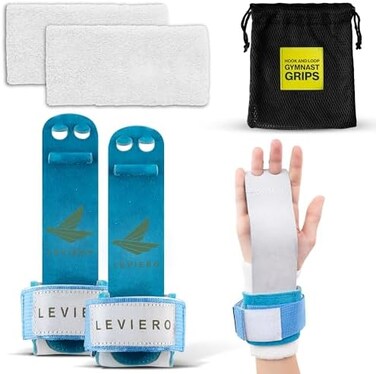 LEVIERO Gymnastics Grips for Girls - Soft Leather Dowel Hand Grips with Velcro Wrist Straps and Adjustable Finger Holes, for All Ages in Pink, Aqua and White.