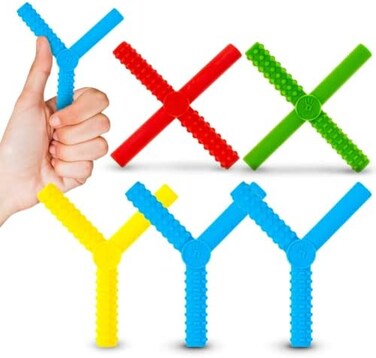 مجموعة GAFLY X's و Y's - 5 قطع - ألعاب مضغ حسية للأطفال المصابين بالتوحد، والأطفال ذوي الاحتياجات الخاصة - أنابيب مضغ، أدوات مضغ لتنمية المهارات الحركية الفموية - سيليكون باللون الأحمر والأزرق والأصفر