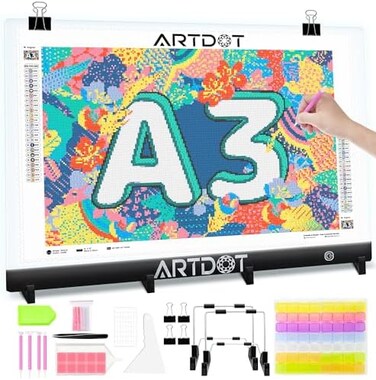 ARTDOT A3 LED Light Pad for Diamond Painting, USB Powered Light Board Kit, Adjustable Brightness with Diamond Painting Tools Detachable Stand and Clips.