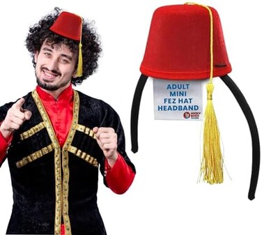 Nicky Bigs Novelties Adult Costume Accessory Mini Fez Hat Headband - Red Felt Fez for Turkish Hat Costumes, Bellhop Hat, Shriner Hat, Sultan Hat, Tarboosh Hat, or Arabian Costume Accessory - One Size,