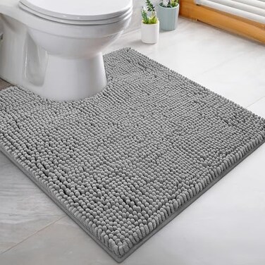 LuxUrux Bath Mat - Toilet Rugs u Shaped- Extra-Soft Plush Bath Bathroom Rug,1'' Chenille Microfiber Material, Super Absorbent Shaggy Machine WashDry (20 x 20, Light Grey.