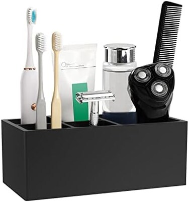 Luxspire Resin Toothbrush Holder, 5 Slots Hygienic Handmade Toothbrush Storage Stand Dispenser Bathroom Organizer Set for Toothpaste, Razor - Black.