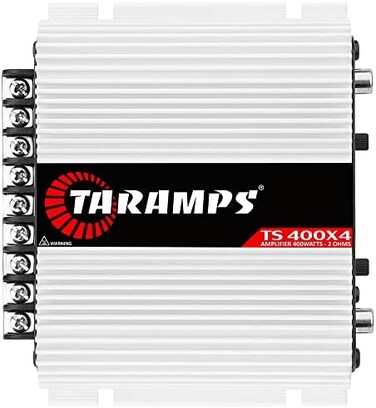 Taramp's TS 400x4 FULL RANGE 2 Ohms 4 Channels 400 Watts RMS Class D Car Audio Amplifier Multichannel LED Indicator CROSSOVER Frequency Response 10Hz to 30KHz High Pass and Low Pass.