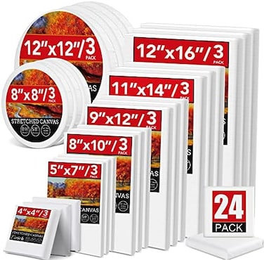 ESRICH 24 Pack Canvases for Painting with 4x4, 5x7, 8x10, 9x12, 11x14, 12x16, Round Canvas with 12x12, 8x8, 3 of Each, Painting Canvas for OilAcrylic Paint.