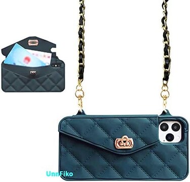 UnnFiko Wallet Case Compatible with iPhone 11 Pro Max, Cute Light Luxury Bag Design, Purse Flip Card Pouch Cover Soft Silicone Case with Handstrap Long Shoulder Strap (Dark Green, iPhone 11 Pro Max.