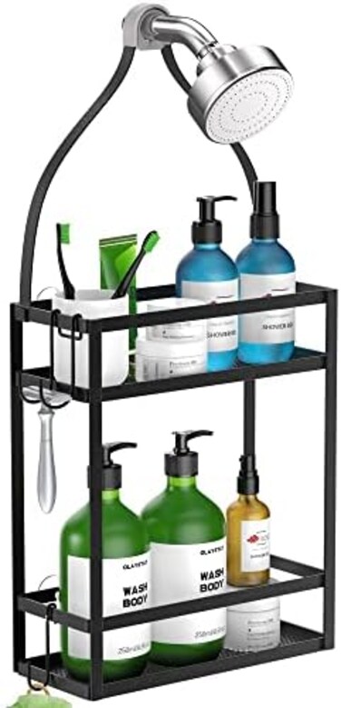 Meangood Shower Caddy Organizer ,Mounting Over Shower Head Or Door,Extra Wide Space for Shampoo, Conditioner, and Soap with Hooks for Razorsand More,10. 5" x 4. 5" x 22. 4", Mental Black.
