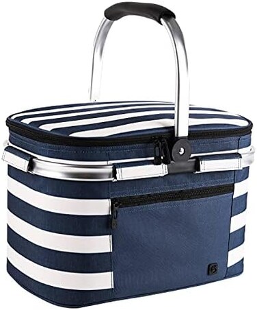 ALLCAMP OUTDOOR GEAR Insulated Picnic Baskets Shoping Basket Cooler Bag Collapsible Portable Picnic Basket (Blue White Stripe.