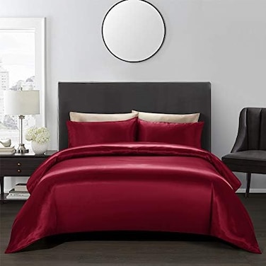 AiMay 3 Piece Satin Duvet Cover Set Bedding Sets King Burgundy 1800 Series Luxury Rich Silk Silky Super Soft Solid Color Reversible Honeymoon Wrinkle Free (King, Burgundy.