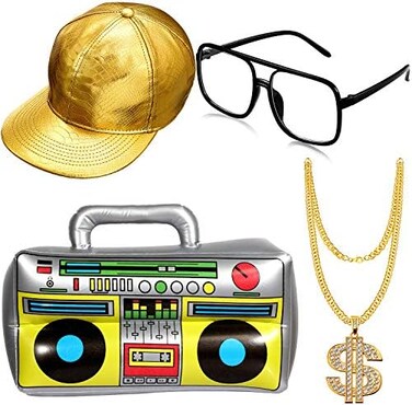 meekoo Hip Hop Costume Kit Inflatable Boom Box Baseball Cap Sunglasses Gold Chain 80s/ 90s Rapper Accessories.