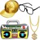 meekoo Hip Hop Costume Kit Inflatable Boom Box Baseball Cap Sunglasses Gold Chain 80s/ 90s Rapper Accessories.