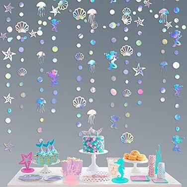 pinkblume 52 Ft Iridescent Mermaid Garland with Jellyfish Seashell Starfish Pearl Holographic Paper Streamer for Little Mermaid Rainbow Theme Birthday Bachelorette Baby Shower Under The Sea Party Deco