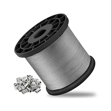 حبل سلكي من مونكيمون، حبل سلكي 1/16، كابل من الفولاذ المقاوم للصدأ 304، كابل طائرات، سلك فولاذي، 328 قدمًا مع 150 قطعة من أكمام التجعيد، أسلاك حبال الغسيل، سلك تعريشة، 7x7 قوة كسر 368 رطلاً.