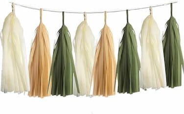 ALLHEARTDESIRES 15PCS DIY Tissue Tassel Garland Olive Green Kraft Tan Brown Cream Neutral Party Banner for Greenery Safari Jungle Woodland Baby Shower Camp Bachelorette Bridal Shower Birthday Nursery
