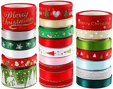 SANNIX 40 Yards Christmas Ribbons Mixed Style/Size Holiday Gifts Wrapping Satin Ribbons, 20 Styles.