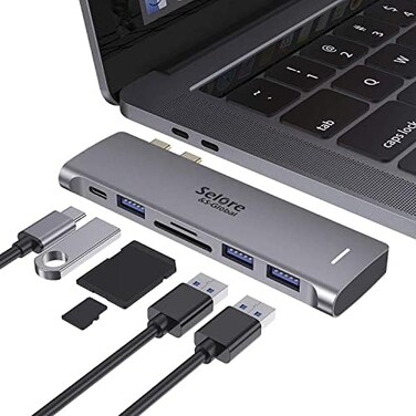 Selore&amp;S-Global SeloreS-Global USB C Adapter for MacBook Pro/MacBook Air 2020 2019 2018 13" 15" 16", 6 in 1 USB-C Hub with 3 USB 3. 0 Ports, USB C to SD/TF Card Reader and 100W Thunderbolt 3 PD Port.
