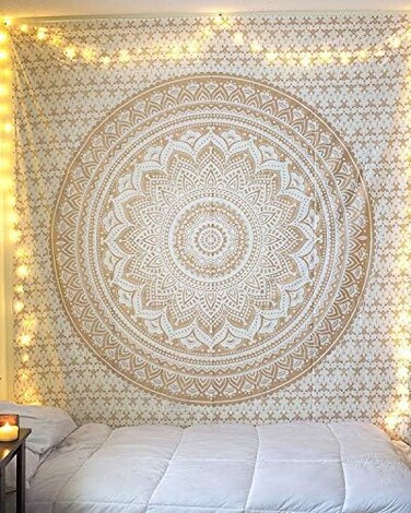 ANJANIYA Ombre Wall Hanging Bohemian Tapestry, Metallic Wall Art Bedspread, Psychedelic Hippie Mandala Dorm D&eacute;cor for Hanging, Bedding, Beach Coverlet Curtain, Gold, 54"X60".