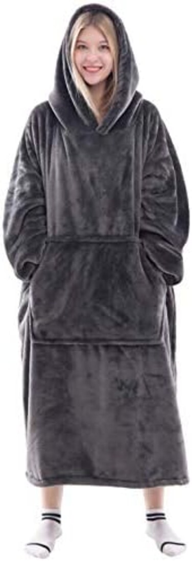 Waitu (Adult, A- Wearable Blanket Sweatshirt for Women and Men, Super Warm and Cosy Big Blanket Hoodie, Thick Flannel Blanket with Sleeves and Giant Pocket - Dark Grey.