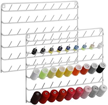 YBING Thread Holder Wall Mount 54 Spools Sewing Thread Rack Embroidery Thread Organizer Rack Sewing Thread Holder White with Hanging Tools for Quilting Braiding Hair Metal 2 Pack.