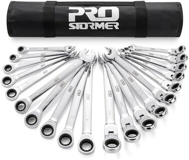 Prostormer Ratcheting Combination Wrench Set, 20-Piece SAEMetric Wrench Kit with Pouch, 72-Tooth, Cr-V Steel, 10Pcs Flex-Head 1/4" to 3/4"10Pcs Fixed Head 6-18mm.