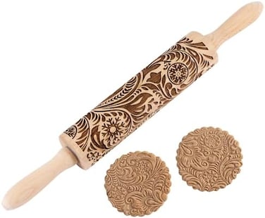 EVERMARKET Paisley Embossed Wooden Rolling Pin, Engraved Embossing Rolling Pin with Christmas Snowflake Flower Pattern for Baking Embossed Cookies,Cute Kitchen Tool for Kids and Adults.