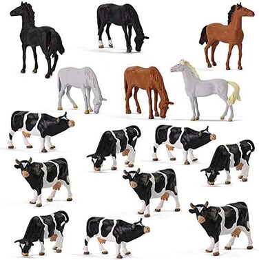 Evemodel AN4303 15PCS 1:43 Farm Animals Horses and Cows O Scale PVC Well Painted Horse and Cow Use for Model Scenery Desktop Decor Railway Layout Diorama Miniature Landscape.