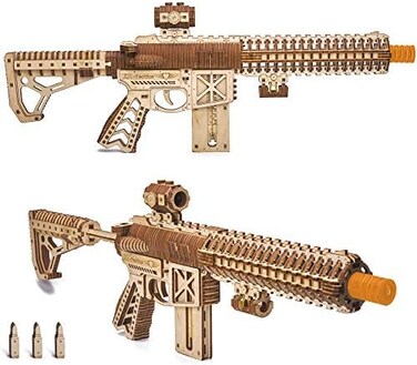 Wood Trick Assault Gun AR-T Model Kit for Adults and Teens to Build - with Telescoping Butt, Fuse, Sight and Clip for 12 Rounds - Detailed Construction - 23x8&Prime; - 3D Wooden Puzzle - 14.