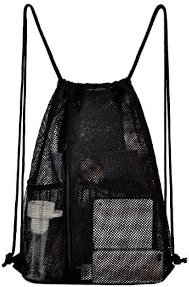 USPECLARE Heavy Duty Mesh Drawstring bag for Soccer Ball，Beach Toys -Drawstring Backpack Sports Gym Bag, Black, Full Size, Traveling.