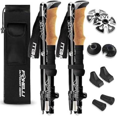 Foxelli Folding Trekking Poles &ndash; 2-pc Ultra Compact Hiking Poles for MenWomen, Lightweight Strong Aluminum 7075 Collapsible Foldable Walking Sticks with Flip Locks, 4 Season All Terrain Accessories.