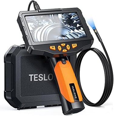 Teslong 5 inches IPS Endoscope Camera, Dual Lens Inspection Camera, HD Borescope IP67 Waterproof with 7 LEDs, 3. 3ft Semi-Rigid Cable Scope Camera, 8mm Dia. 1. 5X Digital Zoom, Carrying Case, 32GB Car