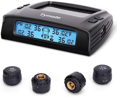 نظام مراقبة ضغط الإطارات Tymate RV - نظام مراقبة ضغط الإطارات M7-3 TPMS (0-87 PSI) مع شاحن شمسي، نظام مراقبة ضغط الإطارات RV مع 4 مستشعرات و5 أوضاع إنذار وشاشة LCD ووضع النوم التلقائي، سهل التركيب.