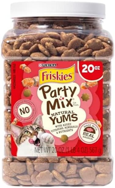 Friskies Purina Made in USA Facilities, Natural Cat Treats, Party Mix Natural Yums With Real Salmon - 20 Oz. Canister.