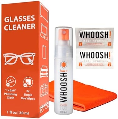 WHOOSH. Glasses Cleaner Spray - 1 fl oz1 Microsuede Cloth2 Screen Wipes, Travel Size for Sunglasses, Laptop, MacBook, Computer - Eyeglass Cleaning Kit.