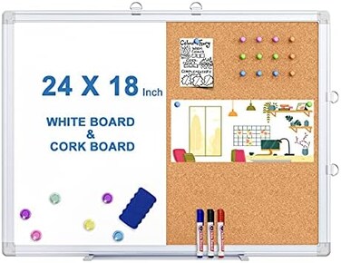 TRIPOLLO Magnetic Whiteboard and Cork Board Combination Board, Dry Erase Board Bulletin Combo Board for Home Office, Wall Mounted Message Memo Board with Markers, Eraser, Magnets and Push Pins 18x24 I