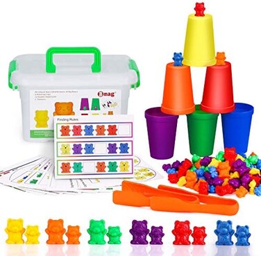 BMAG Counting Bears with Matching Sorting Cups,Number Colour Recognition STEM Educational Toy for Toddler, Pre-School Learning Toy with 90 Bears,2 Tweezers,11 Activity Cards,1 Storage Box.