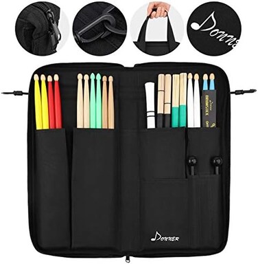 Donner Drumsticks Bag Holder Thickened Large Capacity Drum Sticks Bag Hangable Portable for Drumsticks Brushes Mallets Up to 12 Pairs, Black, Christmas Birthday Gift, Great Holiday.