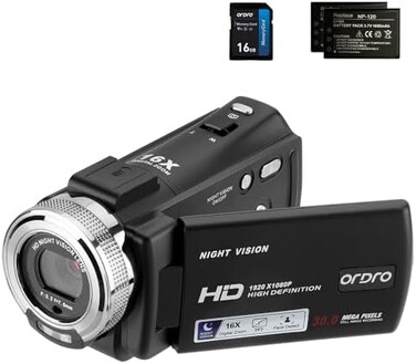 ORDRO Camcorders HDV-V12 HD 1080P Video Camera Recorder Infrared Night Vision Camera Camcorders with 16G SD Card and 2 Batteries.