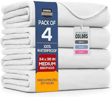 Utopia Bedding Waterproof Incontinence Underpads 34" x 36" (Pack of 4- Washable and Reusable Bed Pads - Quilted and Absorbent Protector Pads for Adults and Kids (White.