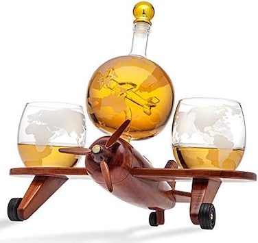 Godinger Whiskey Decanter Airplane Globe Set with 2 World Whisky Glasses - for Liquor Scotch Bourbon Vodka.