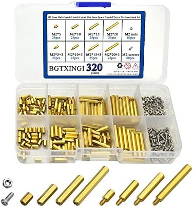 XINGYHENG XLX 320PCS M2 Brass Male-Female/Female-Female Hex Brass Spacer Standoff Screw Nut Assortment Kit and Stainless Steel Screw Nut Set (Brass M2.