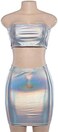 Fenyong Women's Holographic TopSilver Metallic Skirt Two Piece Rave Outfits S.