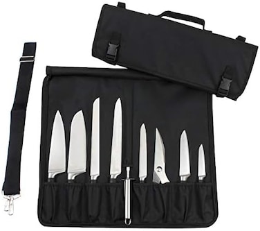 Tosnail Chef Knife Case Roll Bag with 15 Slots, Easy Carry Handle and Shoulder Strap - Black.