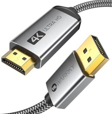WARRKY 4K DisplayPort to HDMI Cable [UHD, Metal Case, Nylon Cable] 6FT Unidirectional Display Port 1. 2 Source to HDMI 1. 4 Screen, DP to HDMI Compatible for Computer, NVIDIA, AMD, Dell, Lenovo, Monit