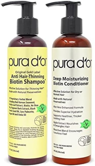 PURA D'OR Anti-Thinning Biotin Shampoo and Conditioner Natural Earthy Scent,CLINICALLY TESTED Proven Results,DHT Blocker Thickening Products For WomenMen,Original Gold Label Hair Care Set 8oz x2.