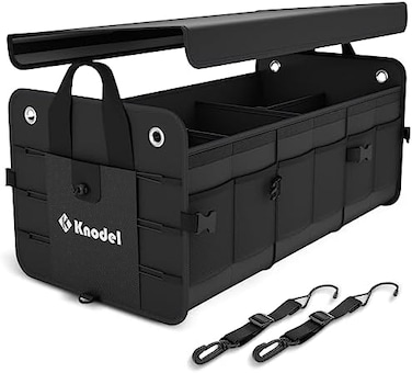 K KNODEL Knodel Car Trunk Organizer, Foldable Cover, Heavy Duty Collapsible Car Trunk Storage Organizer, Car Cargo Trunk Organizer with Lid, 3 Compartments, with Straps (Black.