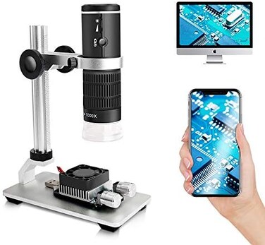 cainda WiFi Digital Microscope for iPhone Android Phone Mac Windows, HD 1080P/720P Video Record 50-1000X Magnification Wireless Portable Microscope with Adjustable Metal Stand and Carrying Bag.