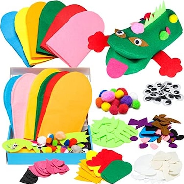 WATINC 6Pcs Hand Puppet Making Kit, Art Craft Felt Sock Puppet Toys, Creative DIY Make Your Own Pompoms Wiggle Googly Eyes Storytelling Role Play Party Supplies Gift for Girls Boys (Animals.