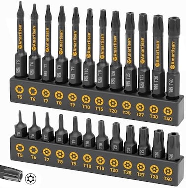 Amartisan Torx Bit Set, 24-Piece Security and Tamper Resistant Star Bits Set S2 Steel, 1" and 2. 3" Long T5 - T40.