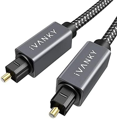 IVANKY Digital Optical Audio Cable 3. 3ft/1M, Slim Nylon Braided Audio Optical Cord Toslink Cable for Sound Bar, TV, PS4, Xbox, Samsung, Vizio, 24K Gold-Plated - CL3 Rated, Grey.