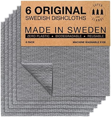 SUPERSCANDI 6 Pack Swedish Dishcloths for Kitchen - 100% BiodegradableCompostable Reusable Paper Towels Washable, Food-SafeWithout Plastic - Dish Rags Suitable for Any Surface, Grey.
